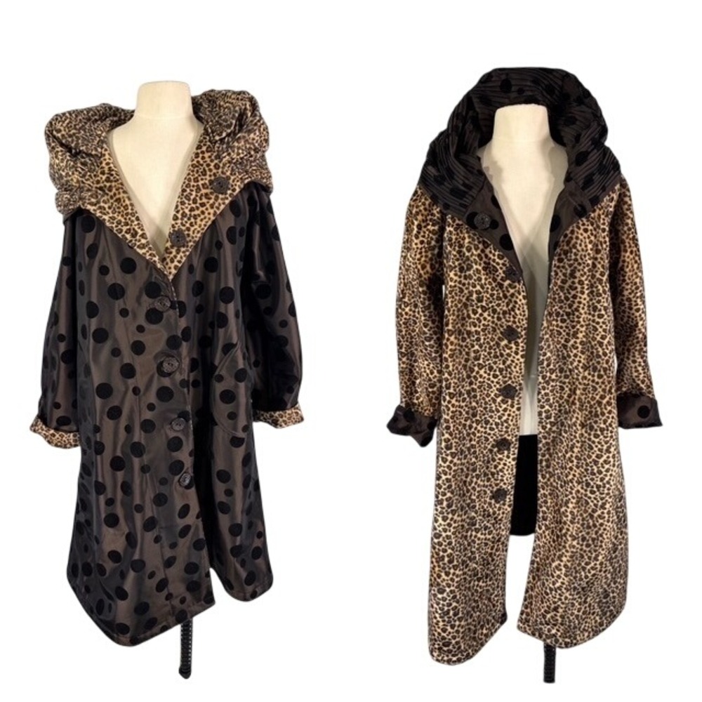 Lindi Reversible Long Coat Polka Dot Leopard Print Dramatic Pleated Hood Large